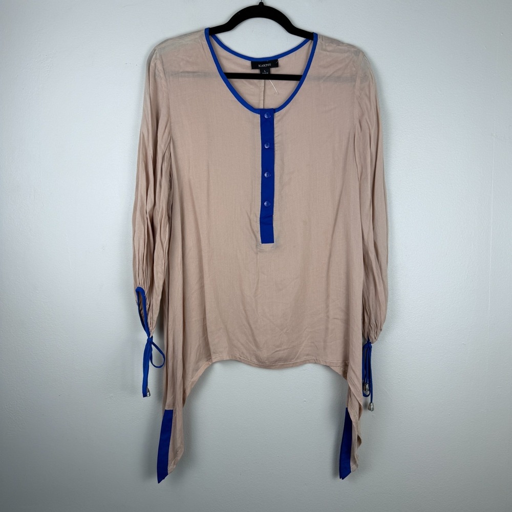 Kaktus Blouse Women's Large Beige 100% Rayon Draped‎ Hem 4-Button Placket Top